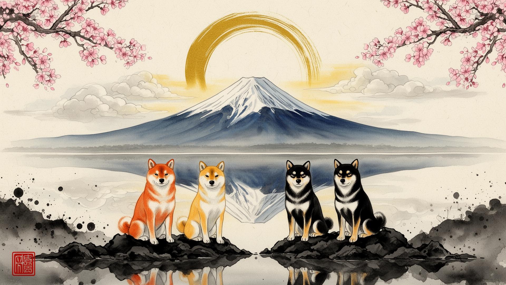 Mount Fuji watercolor with four Shiba Inu dogs